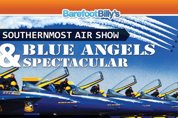 Seven Blue Angels jets with trails; text: Southernmost Air Show & Blue Angels Spectacular.