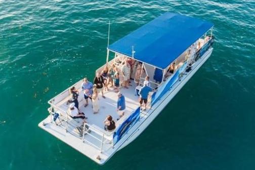 Aerial view of people on a boat with a blue canopy on the ocean.
