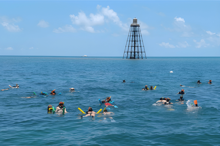 Group of snorkelers in the ocean near a black metal tower.